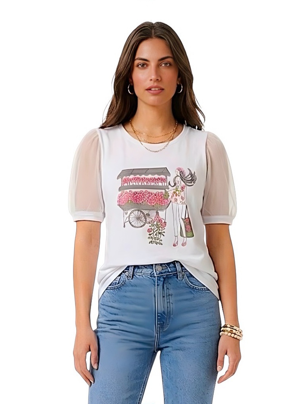 Love & Lace White Sheer Sleeve Floral Cart Top with Mini Rhinestones Size XL